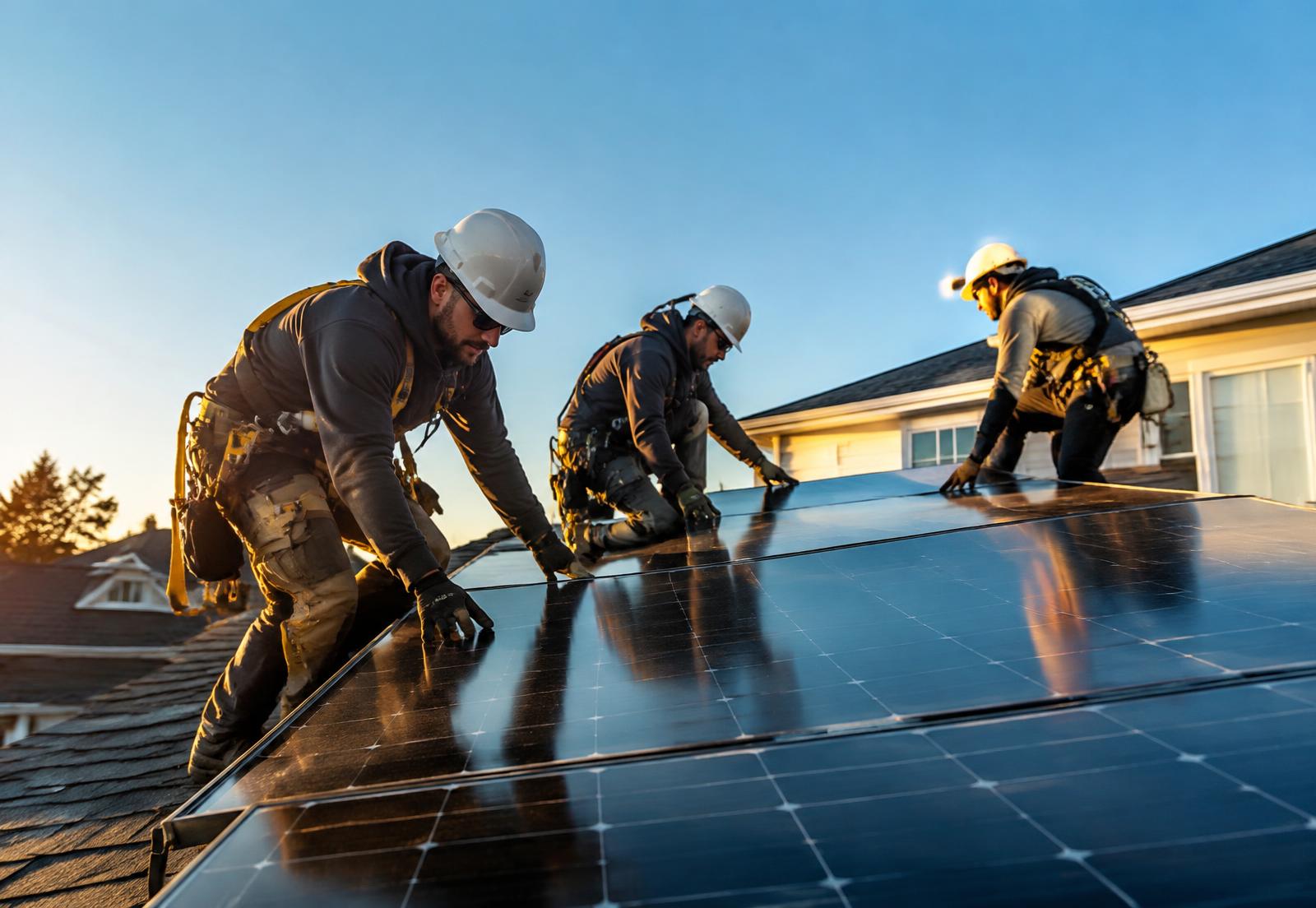 Solar installers fitting panels on a roof